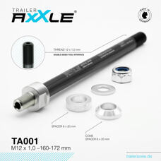 Trailer AxXle by RadoxX Components, AXLE, Trailer AxXle TA001, M12x1.0 - 160-172 mm, incl. spacer-set + lock nut + washer