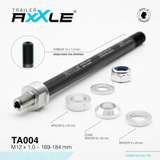 Trailer AxXle by RadoxX Components, AXLE, Trailer AxXle TA004, M12x1.0 - 169-184 mm, incl. spacer-set + lock nut + washer