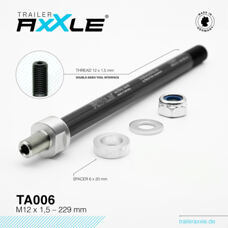 Trailer AxXle by RadoxX Components, AXLE, Trailer AxXle TA006, M12x1.5 - 223-229 mm, incl. spacer-set + lock nut + washer