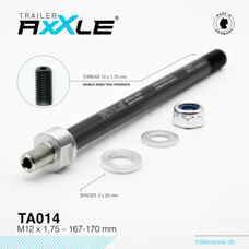 Trailer AxXle by RadoxX Components, AXLE, Trailer AxXle TA014, M12x1.75 - 167-170 mm, incl. spacer-set + lock nut + washer